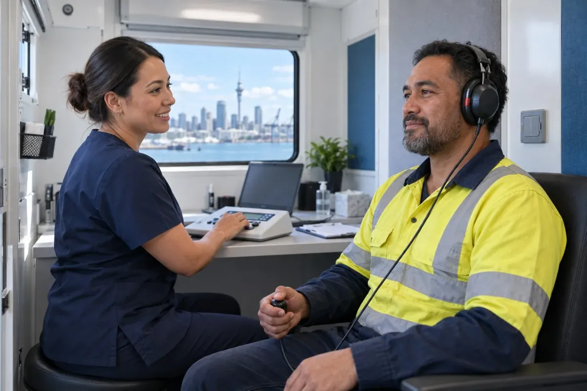 Worker completing an on-site audiometry hearing test with an occupational health clinician
