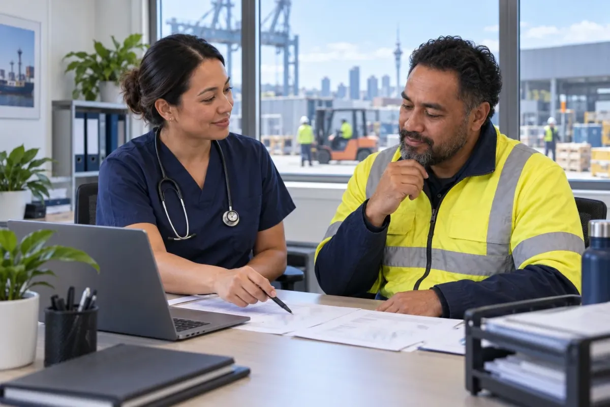 Occupational health clinician reviewing workplace health monitoring reports with a worker