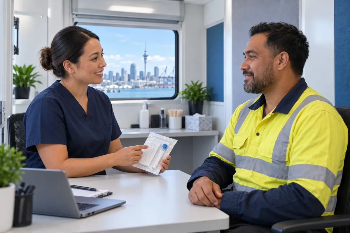 Occupational health clinician explaining a workplace drug and alcohol testing kit to a worker