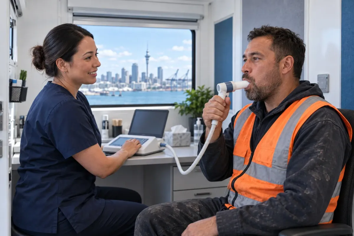 Worker completing an on-site spirometry lung function test with an occupational health clinician