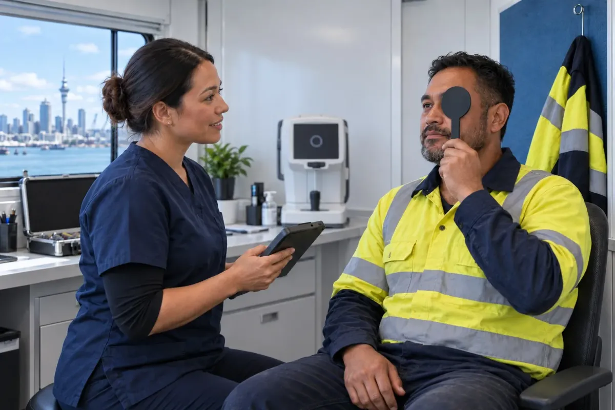 Worker completing an on-site vision screening with an occupational health clinician